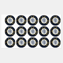 Navy Blue en Gold Marble Modern Stylish Monogram Labels