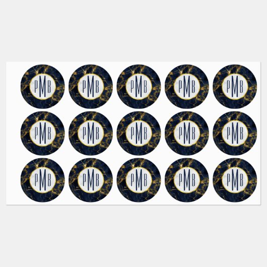Navy Blue en Gold Marble Modern Stylish Monogram Labels (Vel)