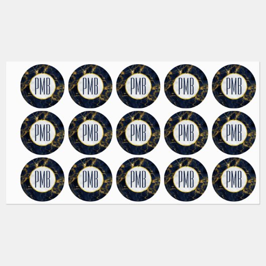 Navy Blue en Gold Marble Modern Stylish Monogram Labels (Vel)