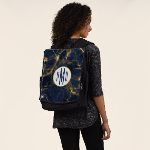 Navy Blue en Gold Marble Modern Stylish Monogram Rugtassen