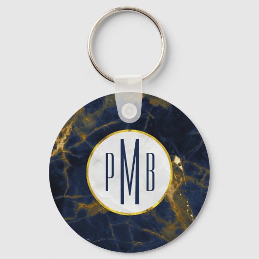 Navy Blue en Gold Marble Modern Stylish Monogram Sleutelhanger (Voorkant)