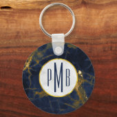 Navy Blue en Gold Marble Modern Stylish Monogram Sleutelhanger (Voorkant)