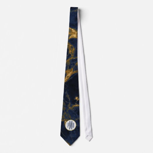 Navy Blue en Gold Marble Modern Stylish Monogram Stropdas (Voorkant)