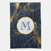 Navy Blue en Gold Marble Modern Stylish Monogram Theedoek (Verticaal)