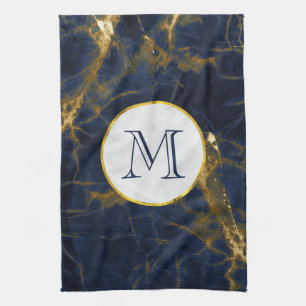 Navy Blue en Gold Marble Modern Stylish Monogram Theedoek