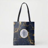 Navy Blue en Gold Marble Modern Stylish Monogram Tote Bag (Voorkant)