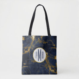 Navy Blue en Gold Marble Modern Stylish Monogram Tote Bag
