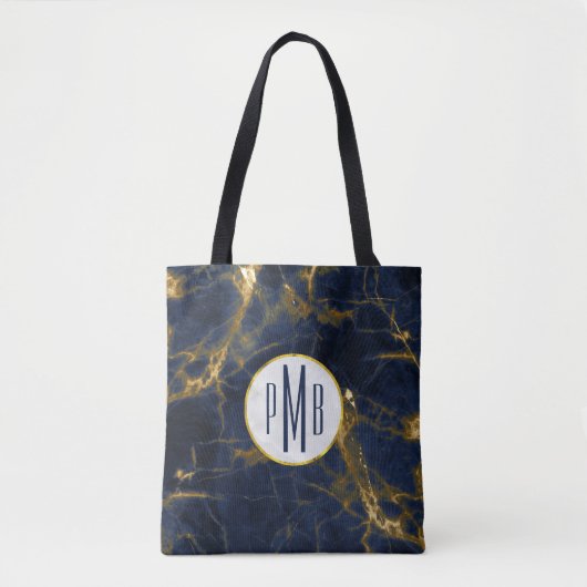 Navy Blue en Gold Marble Modern Stylish Monogram Tote Bag (Voorkant)
