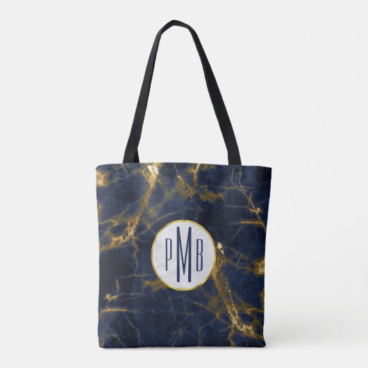 Navy Blue en Gold Marble Modern Stylish Monogram Tote Bag (Achterkant)