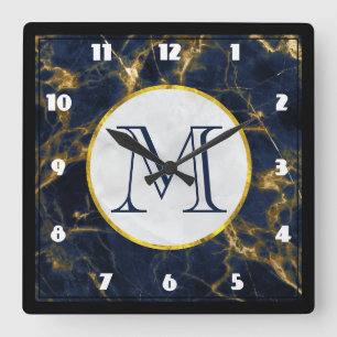 Navy Blue en Gold Marble Modern Stylish Monogram Vierkante Klok