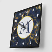 Navy Blue en Gold Marble Modern Stylish Monogram Vierkante Klok (Hoek)