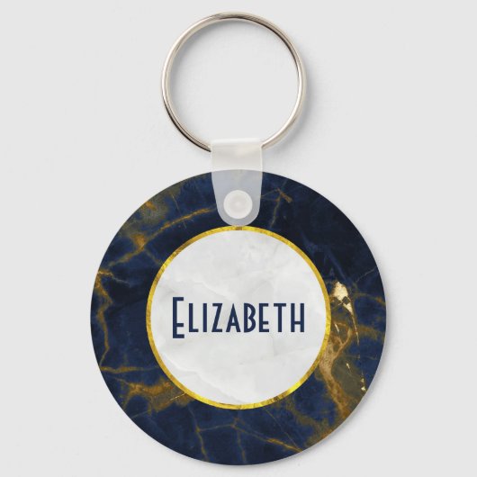 Navy Blue en Gold Marble Modern Stylish Sleutelhanger (Voorkant)