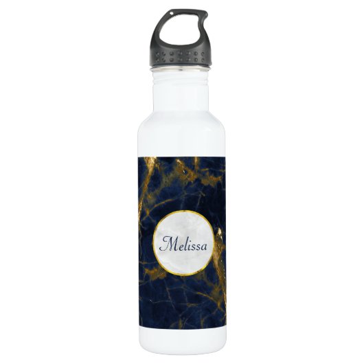 Navy Blue en Gold Marble Modern Stylish Waterfles (Voorkant)