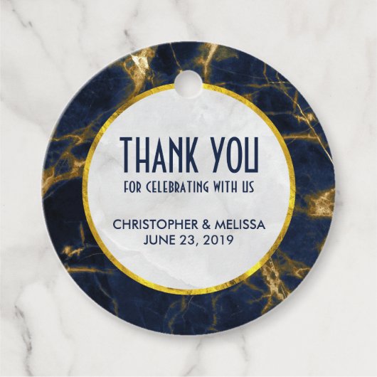 Navy Blue en Gold Marble Modern Stylish Wedding Bedankjes Labels (Voorkant)