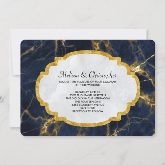 Navy Blue en Gold Marble Modern Stylish Wedding Kaart (Voorkant)