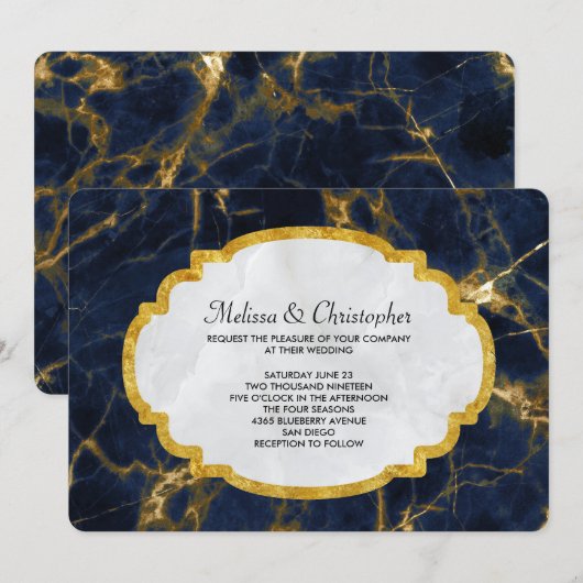Navy Blue en Gold Marble Modern Stylish Wedding Kaart (Voorkant / Achterkant)