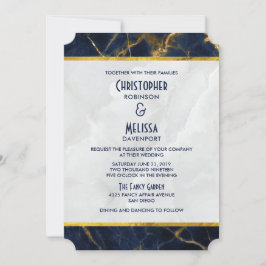 Navy Blue en Gold Marble Modern Stylish Wedding Kaart