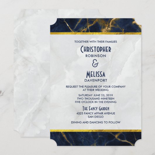 Navy Blue en Gold Marble Modern Stylish Wedding Kaart (Voorkant / Achterkant)