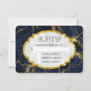 Navy Blue en Gold Marble Modern Stylish Wedding RSVP Kaartje