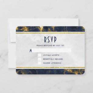 Navy Blue en Gold Marble Modern Stylish Wedding RSVP Kaartje