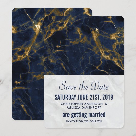 Navy Blue en Gold Marble Modern Stylish Wedding Save The Date (Voorkant / Achterkant)