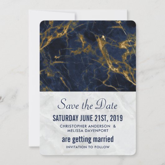 Navy Blue en Gold Marble Modern Stylish Wedding Save The Date (Voorkant)