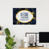Navy Blue en Gold Marble Modern Wedding Welkom Poster (Thuiskantoor)