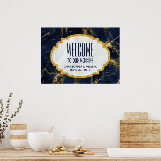 Navy Blue en Gold Marble Modern Wedding Welkom Poster (Keuken)