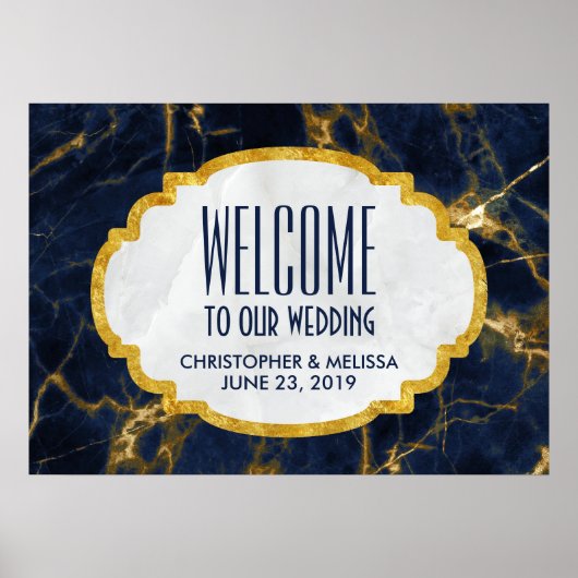 Navy Blue en Gold Marble Modern Wedding Welkom Poster (Voorkant)