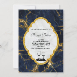 Navy Blue en Gold Marble Stylish Dinner Party Kaart
