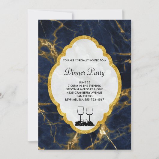Navy Blue en Gold Marble Stylish Dinner Party Kaart (Voorkant)