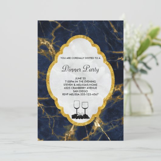 Navy Blue en Gold Marble Stylish Dinner Party Kaart (Staand voorkant)