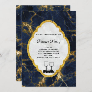 Navy Blue en Gold Marble Stylish Dinner Party Kaart
