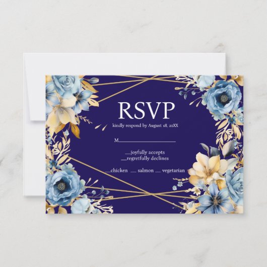 Navy Blue en Gold Menu Keuzes RSVP Response Kaart (Voorkant)