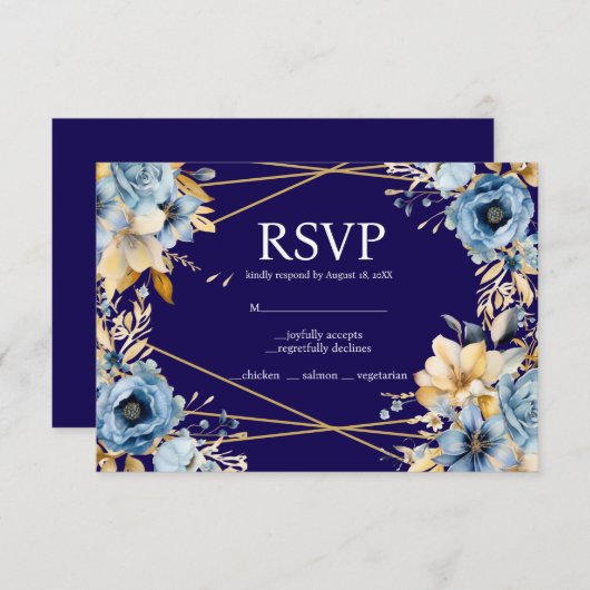 Navy Blue en Gold Menu Keuzes RSVP Response Kaart (Voorkant / Achterkant)