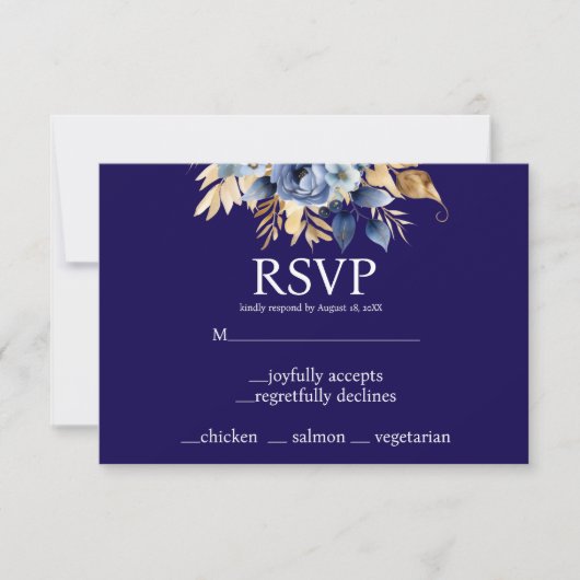 Navy Blue en Gold Menu Keuzes RSVP Response Kaart (Voorkant)