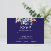 Navy Blue en Gold Menu Keuzes RSVP Response Kaart (Staand voorkant)