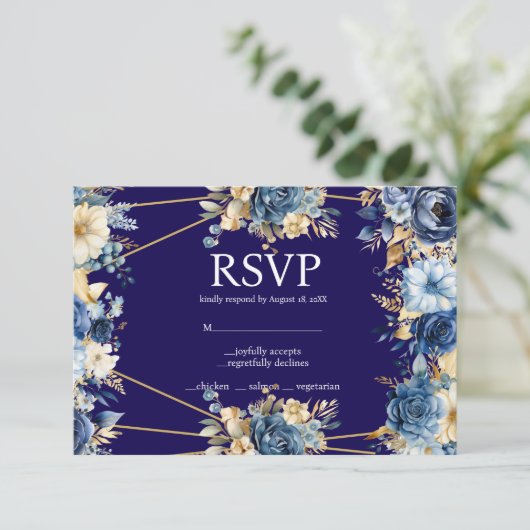 Navy Blue en Gold Menu Keuzes RSVP Response Kaart (Staand voorkant)