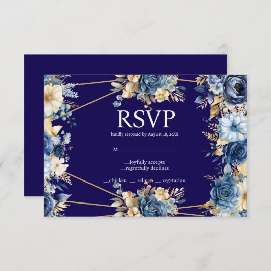 Navy Blue en Gold Menu Keuzes RSVP Response Kaart (Voorkant / Achterkant)