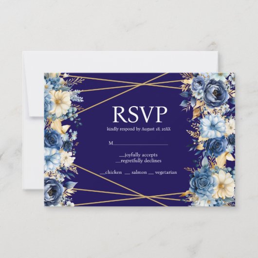 Navy Blue en Gold Menu Keuzes RSVP Response Kaart (Voorkant)