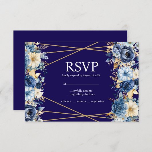 Navy Blue en Gold Menu Keuzes RSVP Response Kaart (Voorkant / Achterkant)