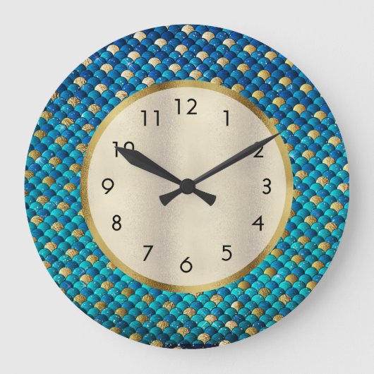 Navy Blue en Gold Mermaid Scales Grote Klok (Voorkant)