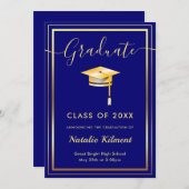 Navy Blue en Gold Modern Afstuderen Pet Afstuderen Aankondiging (Voorkant / Achterkant)