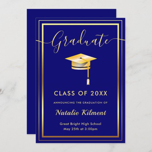 Navy Blue en Gold Modern Afstuderen Pet Afstuderen Aankondiging (Voorkant / Achterkant)