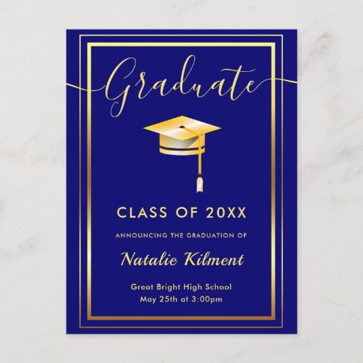 Navy Blue en Gold Modern Afstuderen Pet Afstuderen Aankondigingskaart (Voorkant)