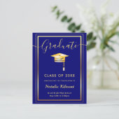 Navy Blue en Gold Modern Afstuderen Pet Afstuderen Aankondigingskaart (Staand voorkant)