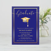 Navy Blue en Gold Modern Afstuderen Pet Afstuderen Kaart (Staand voorkant)