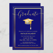 Navy Blue en Gold Modern Afstuderen Pet Afstuderen Kaart (Voorkant / Achterkant)