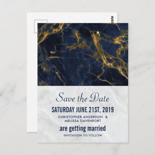 Navy Blue en Gold Modern Wedding Save the Date Briefkaart (Voorkant / Achterkant)