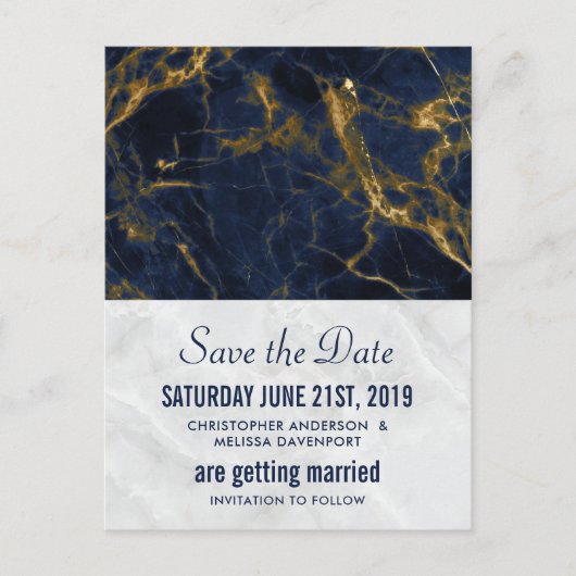 Navy Blue en Gold Modern Wedding Save the Date Briefkaart (Voorkant)